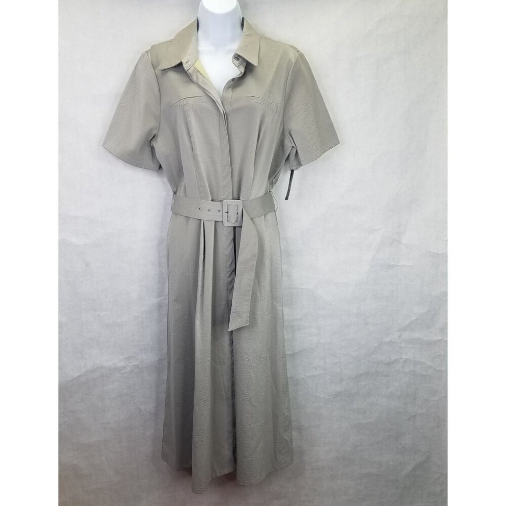 ALFANI Maxi Dress Women's 12 Gray Faux Leather Short Sleeve Belted Button Up NWT